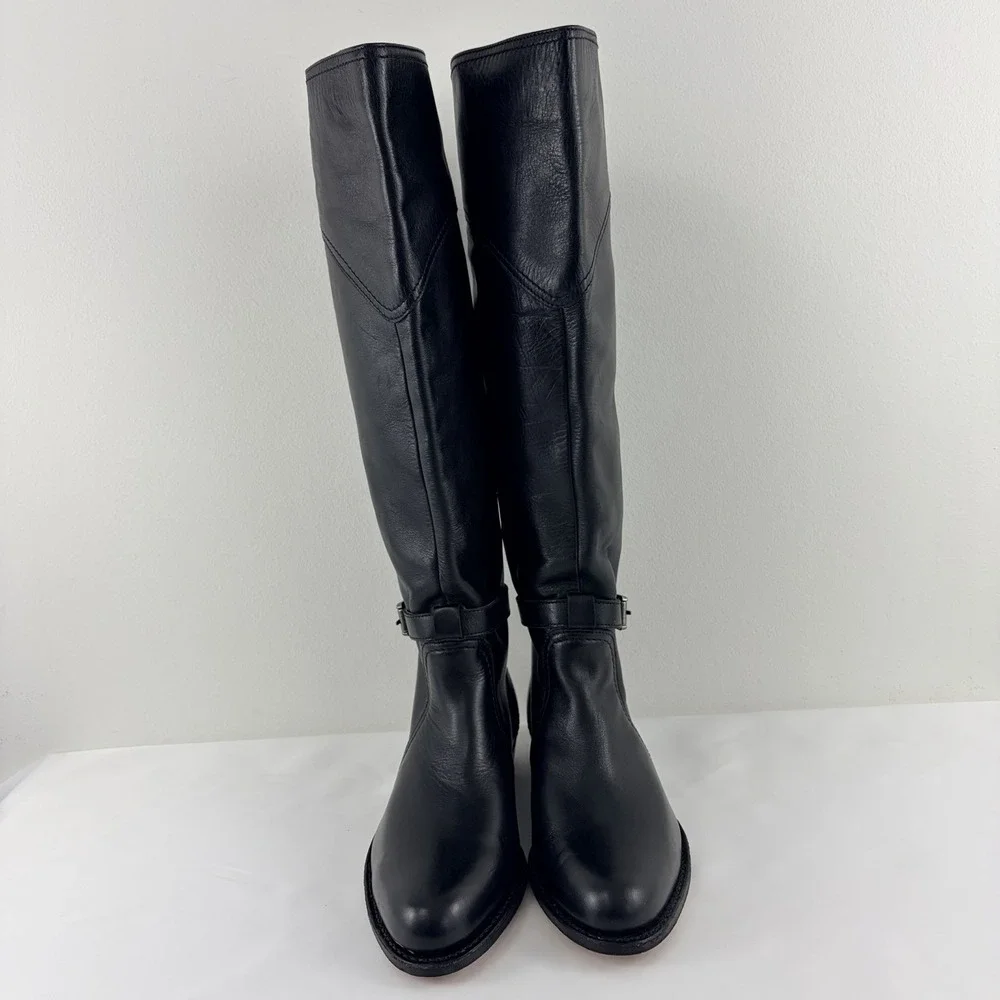 Frye Women Black Leather Riding Boots Knee High Buckle Goodyear Welt Size 6